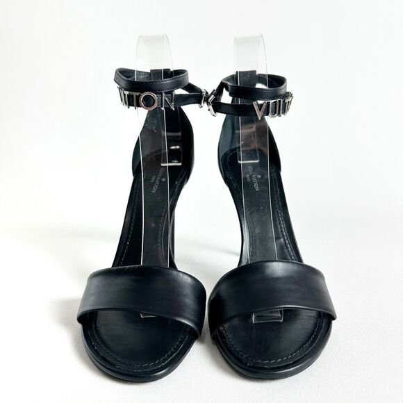LOUIS VUITTON Black Call Back Sandal Heels Size 39 US 8.5 Logo Leather Strappy - Picture 10 of 15
